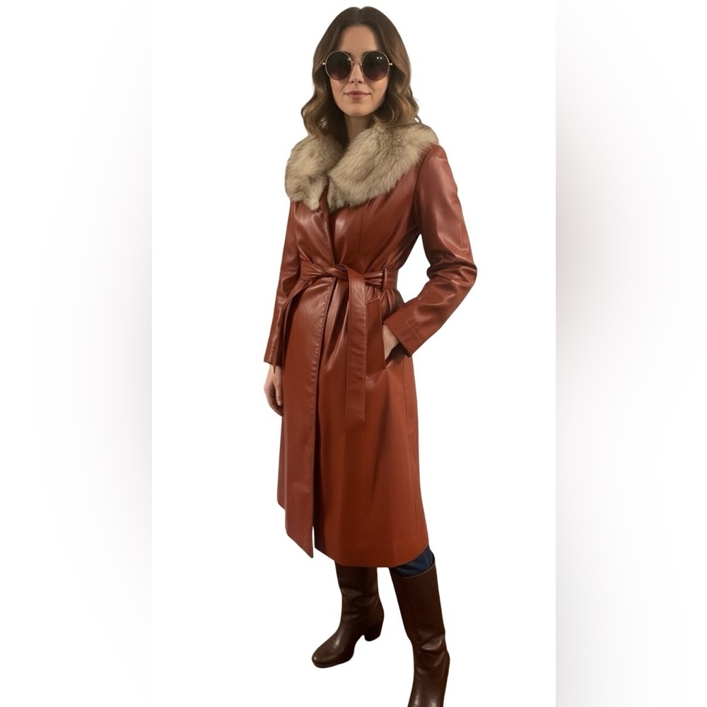 Elegant Brown Faux Leather Coat with Fur Collar - Picture 2 of 10